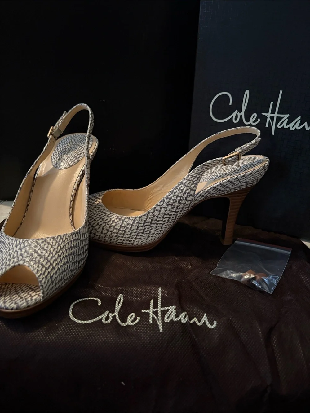 SZ 9.5 COLE HAAN SNAKESKIN SLING BACK SPIKE NIKE AIR HEEL WITH BOX